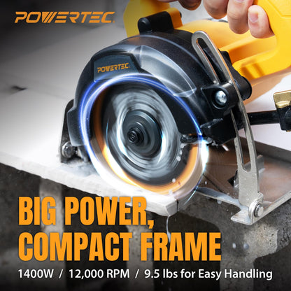 POWERTEC 4.5" Handheld Tile Saw – 12Amp/1400W Motor, Wet/Dry Cutting with Adjustable Water Feed System, GFCI Plug, Bevel & Depth Adjustment, Compatible with 4"-4.5" Diamond Blades (HTS1045)