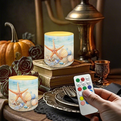 Merkmak 4 Pcs Coastal Flameless Candles Bulk with Remote Battery Operated Pillar Candles with Timer Painting Starfish Shell LED Tea Lights for Beach Theme Home Bathroom Bedroom Decorations