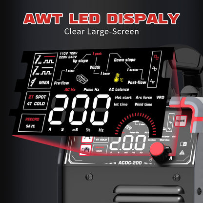 AWT AC/DC 200A TIG Welder Machine With Pulse,10 IN 1 Aluminum TIG Welder 110V/220V With LED Display,AC DC HF TIG/PULSED TIG/COLD TIG/SPOT TIG/STICK Welding Machine with 2T/4T