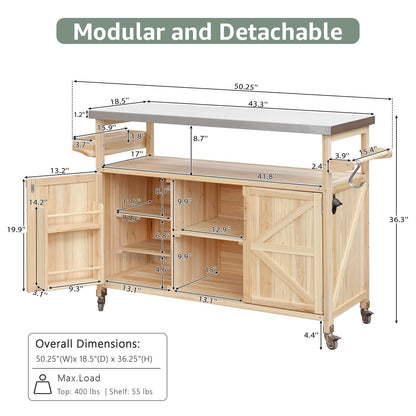 Waully 50.25" Outdoor Kitchen Island with Wheels for Food Prep, Strage, Bar, Rolling Outdoor Grill Table for Outside, Outside Cooking Table, Grill Carts, Cooking Station, Modular, Solid Wood, Natural