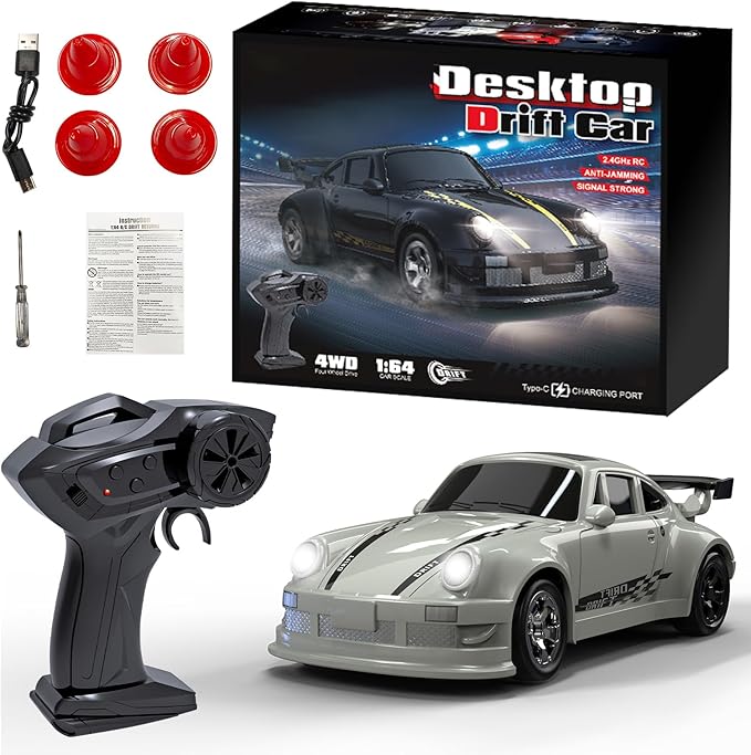 1:64 Scale Mini RC Drift Car 2.4GHz 4WD Full Proportional Model Vehicle with LED Lights Racing Sport Toy for Adults Teens