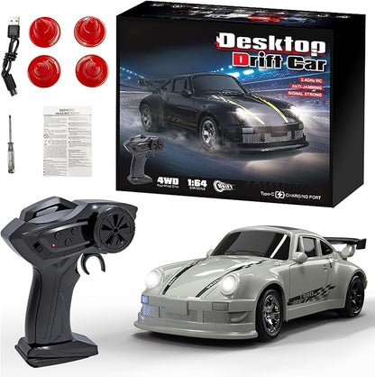 1:64 Scale Mini RC Drift Car 2.4GHz 4WD Full Proportional Model Vehicle with LED Lights Racing Sport Toy for Adults Teens