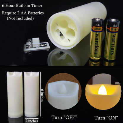 LED Battery Operated Candles 2"x6" Plastic Flickering Flameless Candles with Timer Outdoor Waterproof Wedding Party Halloween Christmas Birthday Decoration Gifts Realistic Slim Tall Pillar Candles