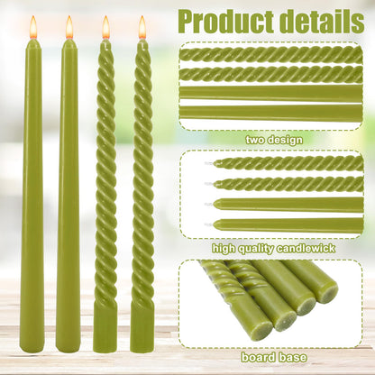 Whaline 6 Pack Olive Green Taper Candles and 6 Pack Spiral Candles Set 10 Inch Elegant Dripless Twisted Wax Candle Long Unscented Candlesticks for Spring Wedding Dinner Party Home Table Decor