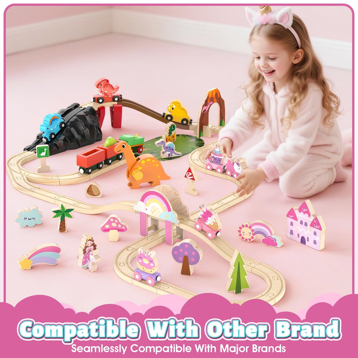 Lehoo Castle Wooden Train Set - Unicorn Train Set for Toddlers 2-4, Wooden Train Track Toddler Girl Toys, Pink Train Fantasy Toys for 3 4 5 6 7 Year Old Girl