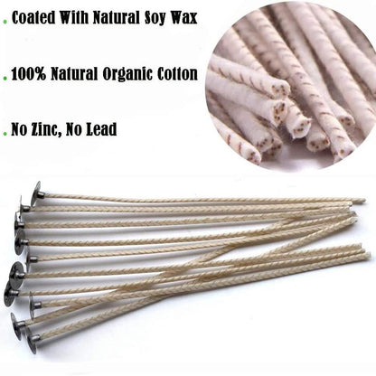 100pcs ECO Wicks for Soy Candles, 6 inch Pre-Waxed Candle Wick for Candle Making,Thick Candle Wick with Base