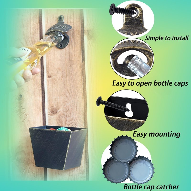 HAIICEN Antique Bronze Beer Bottle Opener Wall Mounted Bottle Top Opener with Cap Catcher Drain Openings Outdoor (Pack of 2)
