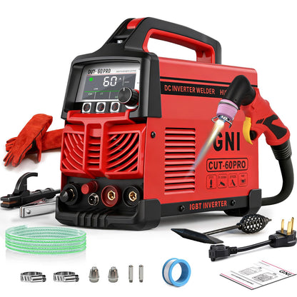 GNI 60Amp Portable Plasma Cutter/Stick Welder 2 IN 1, Non-Touch Pilot Arc 120V/240V Plasma Cutter Machine, 4/5’’ Max Cut, Pre-Installed Air Regulator, 2T/4T, IGBT for Beginner DIY & Home Workshop