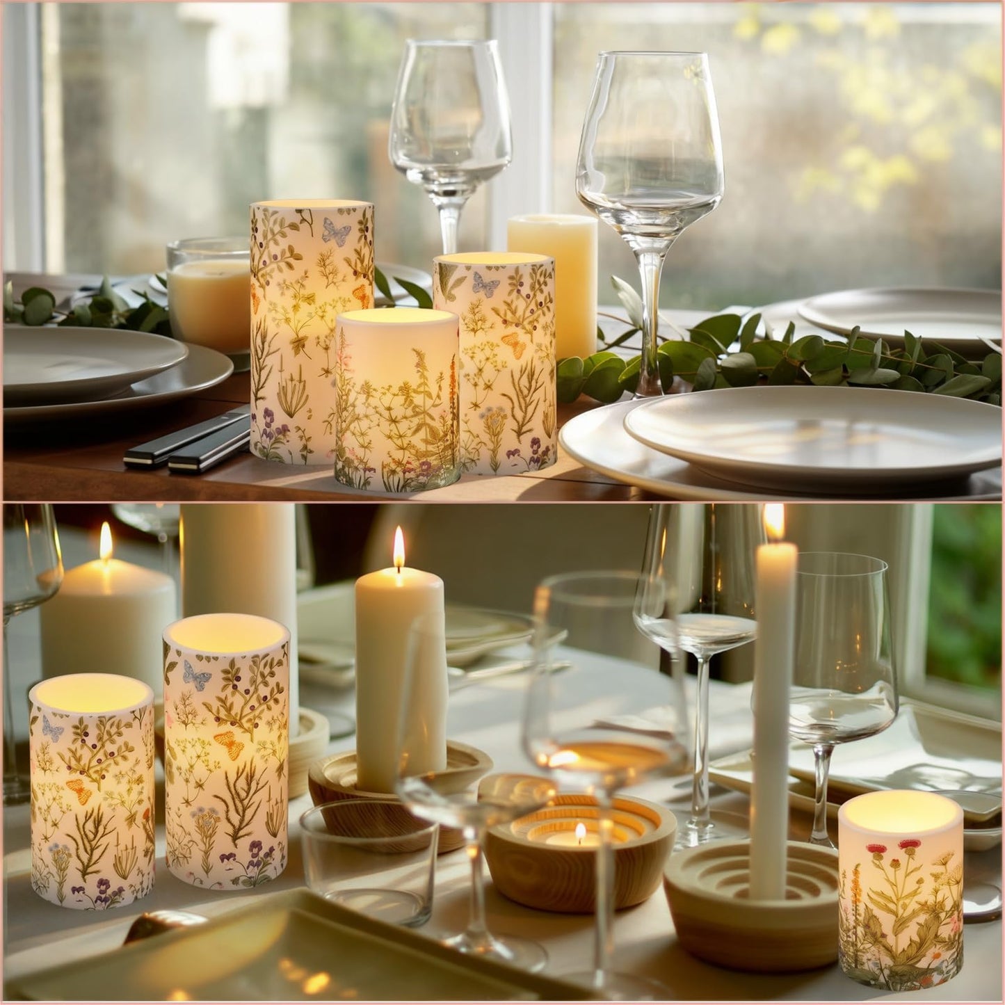 Baquler Wildflowers Floral Glass Flameless Candles with Remote Timer Battery Operated LED Flickering Pillar Spring Summer Butterfly Dinner Holiday Decor