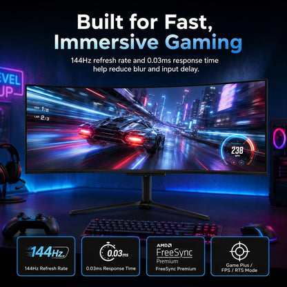 Deco Gear OLED 49 Inch Curved Monitor, 5K2K 5120×1440 Ultrawide Dual QHD, 144HZ, 0.03ms, 32:9 HDR400, Adaptive Sync, R1800 Premium 100% sRGB 90W USB-C, Built-in Speakers Height Adjustable Stand