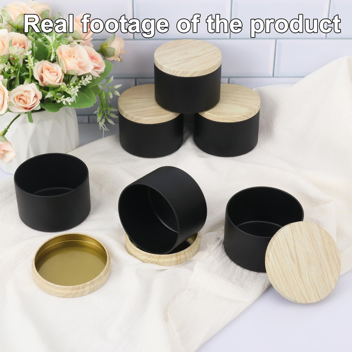 Biugaaufai 24 Pack 8 OZ Black Metal Candle Tins, Round Candle Tins with Wood Grain Lids for DIY Candle Making and Storage