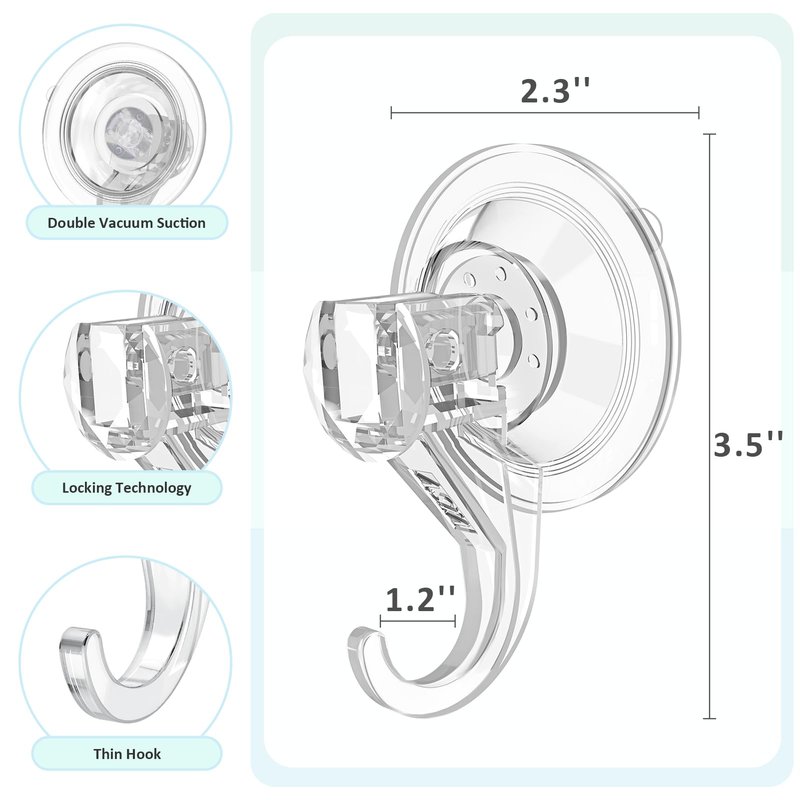VIS'V Suction Cup Hooks, Small Shower Suction Hooks, Heavy Duty, Removable and Reusable, Clear, 2 Pcs