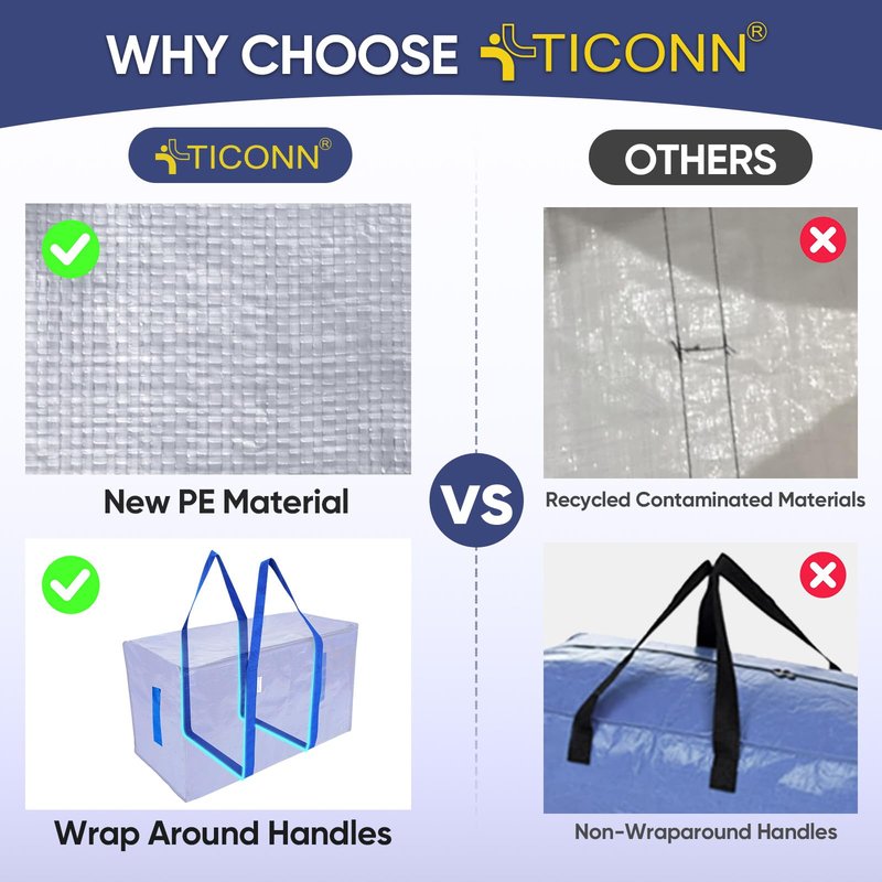 TICONN 4 Pack Extra Large Moving Bags Heavy Duty with Zippers & Carrying Handles, Durable Storage Bags Moving Boxes for Closet Organizers and Storage (4 Pack, Sky Blue)