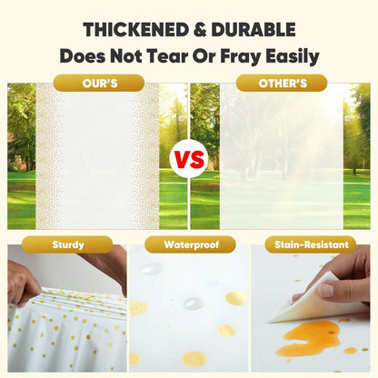 GUUVOR 12 Pack Plastic Table Cloth Disposable, 54”x108” Black and Gold Table Cloths for Parties, Waterproof and Greaseproof Gold Dot Rectangles Tablecloth for Party Decorations BBQ,Wedding,Fine Dining