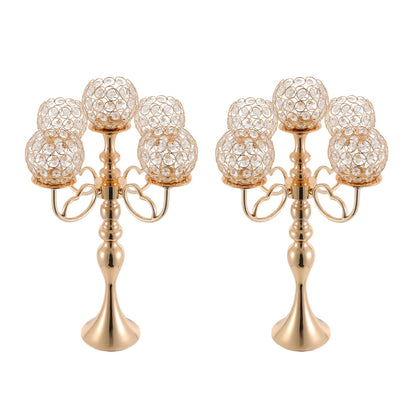 2Pcs 5 Arm Candelabra Candle Holder Luxury Gold Candlestick Holder Crystal Candelabra Centerpieces for Tables Elegant Candelabra Stand Holders for Home Wedding Party Anniversary Dining Room, Gold
