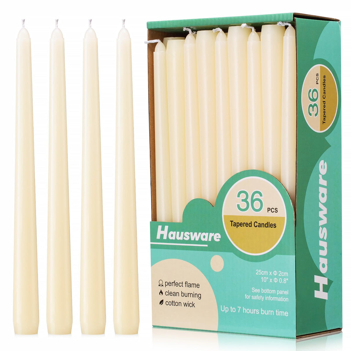 Hausware 36 Pack Taper Candles, 8 Hour Burn Time,Unscented Dripless and Smokeless, 10 inch Elegant Premium Quality Dinner Candle for Home Décor, Restaurant, Wedding, Party Candlesticks (Ivory)