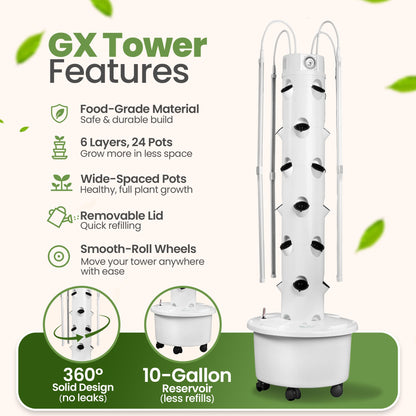 ALTO GARDEN GX Hydroponic Tower | Vertical Planter Tower | Hydroponics Growing System Kit | Food Grade with 24 Net Pots (with LED Grow Lights)