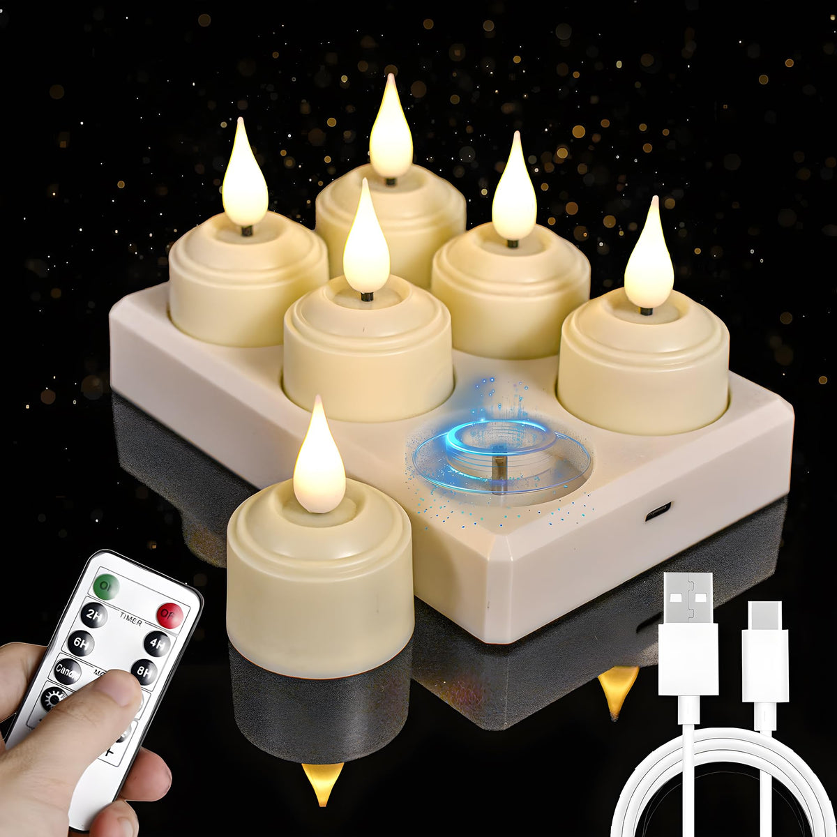 Rechargeable Tea Lights Flameless Candles with Remote Timer & Charging Base, LED Tealight Candles Battery Operated USB Candles for Fall Wedding Christmas Halloween Table Centerpiece Reception, 6-Pack