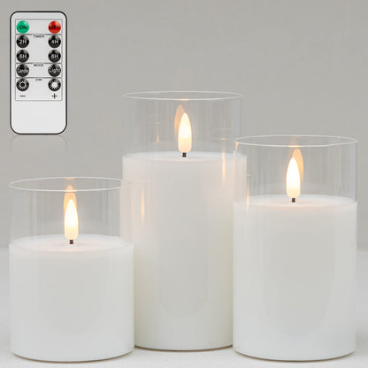 Mingfuxin Clear Glass Flickering Flameless Candles with Remote, White Wax Battery Operated LED Pillar Candle with Timer for Party Wedding Decoration, Set of 3