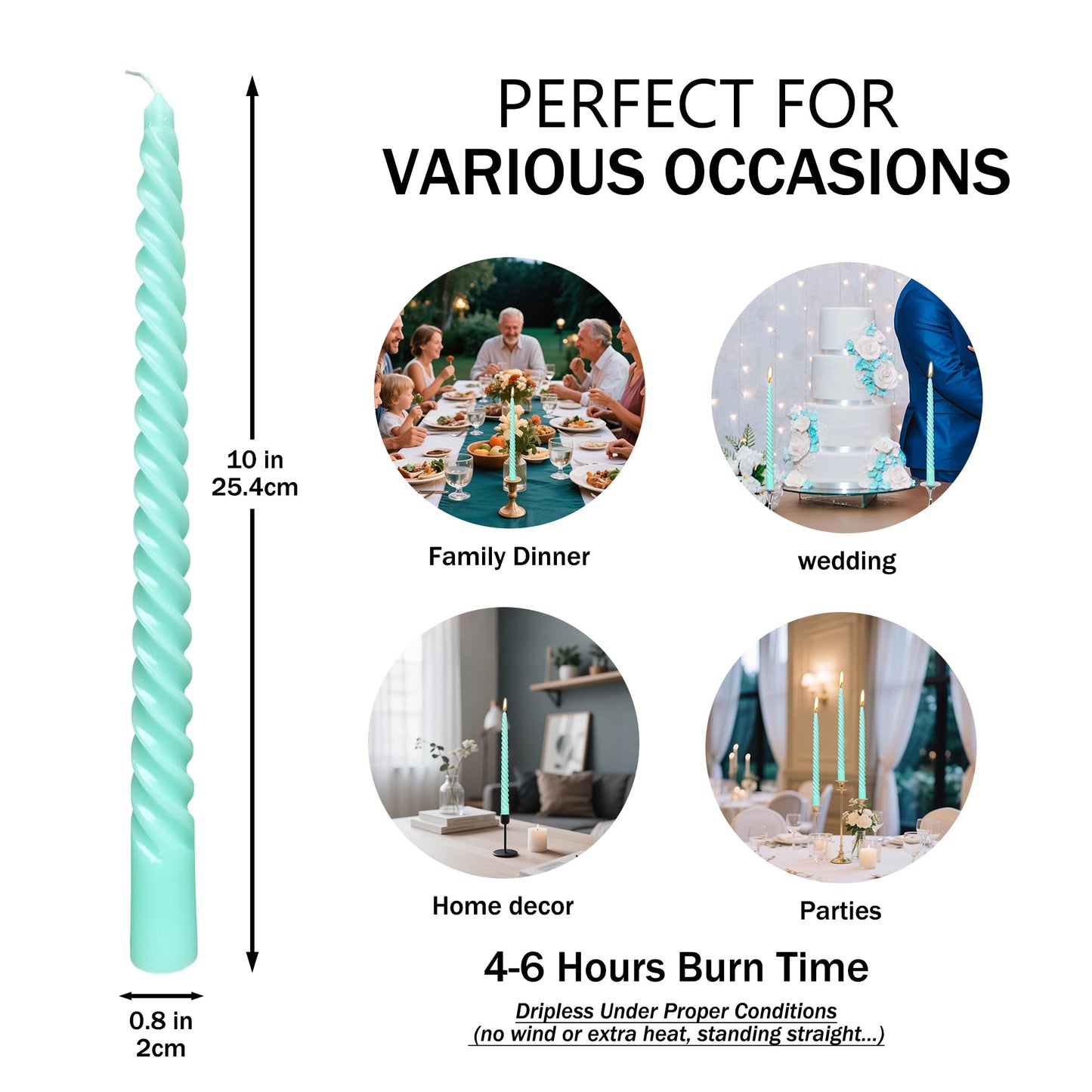 10 Inch Turquoise Green Taper Candle Set, 10 Pack Unscented Dripless Candlesticks for Family Dinner Parties Home Decoration Picnic