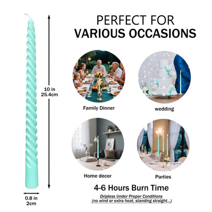 10 Inch Turquoise Green Taper Candle Set, 10 Pack Unscented Dripless Candlesticks for Family Dinner Parties Home Decoration Picnic