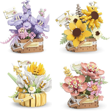 Miniature Flower Bouquet Building Blocks Set DIY Bonsai Basket Kit Artificial Flowers Botanical Collection Toys Home Shelf Decor for Adults &amp Teens (4 Sets)