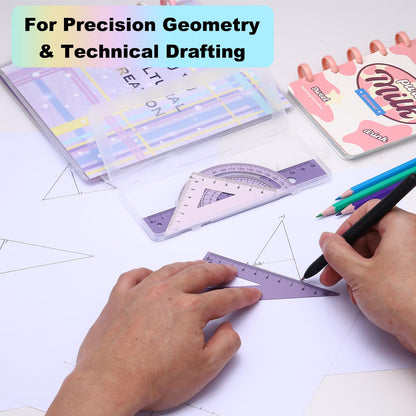PATIKIL Geometry Set, 2 Pack 8 Inch Aluminum Ruler & 4 Triangles, Metal Protractor Ruler Math Drafting Measuring Tool for Home Office Math Drawing Engineering Art,Gradient Pink