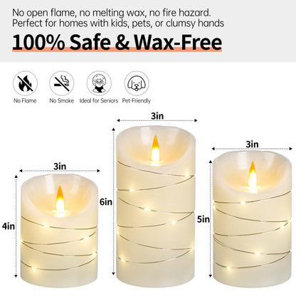 haitanghua Rechargeable Flameless Candles Set of 3, Real Wax LED Pillar Candles with Flickering Flame & Fairy String Lights, USB Rechargeable, Remote Control & 2/4/6/8H Timer, Ivory