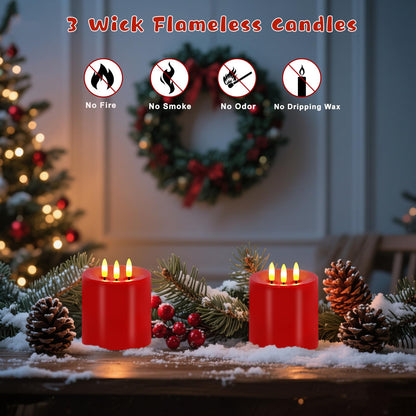 VEEKI Large 3 Wick Flameless Candles, 4"x4" Flickering Flameless Candles with Remote & Timer, Dimmable Real Wax LED Candles Battery Operated, Electric Pillar Candles for Home Xmas Decor (Red)