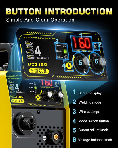 haxiaoer 160A MIG Welder, 110V Gas MIG Welder Machine, 4-in-1 Gasless Flux Core/Gas MIG/Lift TIG/Stick Welder with Synergic Control, IGBT, Multi Process Flux Core Welder for Home DIY Professional Use