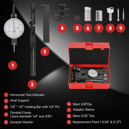 0-0.060"/0.0005" Dial Test Indicator with Dovetail Mount,Two Dovetail Clamps,1.5'' Dial Diameter Horizontal Test Indicator,0-15-0 Dial Reading