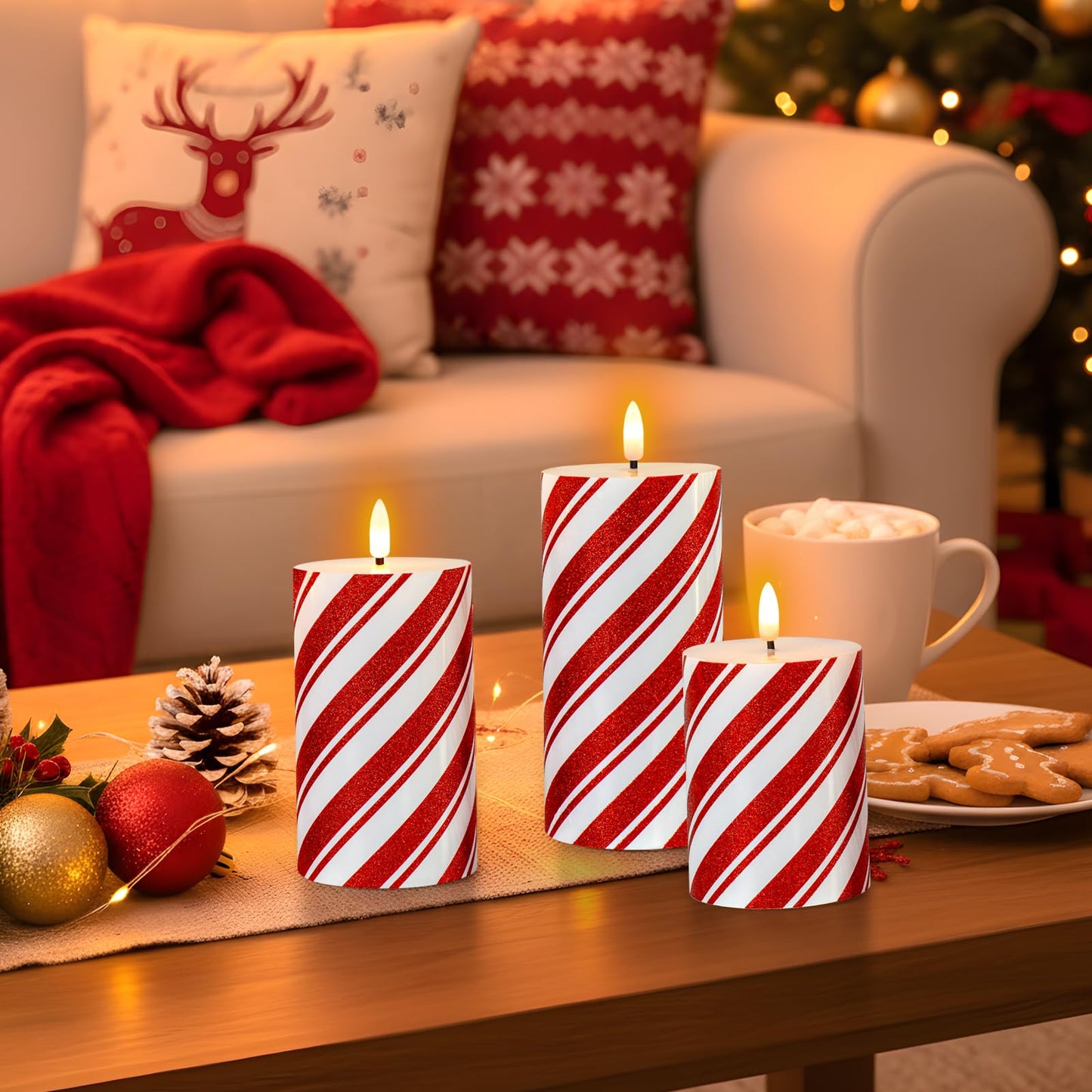 Lumeavetra Glitter Red Stripe LED Flameless Candles, Battery Operated Pillar Lights with Remote Timer, Real Wax Electric Candles for Holiday Home Christmas Party Decor, Set of 3