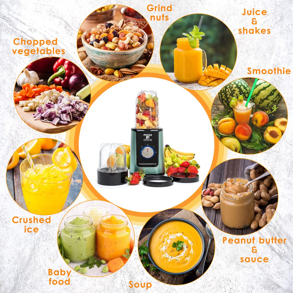 Moss & Stone MiniSmoothie Blender, Compact Personal Blender with Additional Cups Bullet Shape For Frozen Drinks, To-Go Portable Cups with Lids, Juice & Smoothie Maker
