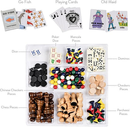 Board Game Set - Deluxe 15 in 1 Tabletop Wood-accented Game Center with Storage Drawer (Checkers Chess Chinese Checkers Parcheesi TicTacToe SOlitaire Snakes and Ladders Mancala Backgammon Pok