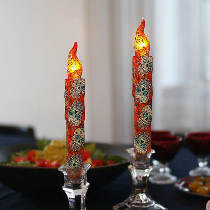 FCMSHAMD Day of The Dead Style Skull Flameless Short Taper Candles, Drip LED Battery Operated with Remote, Flickering Flame Lights for Home Décor, 6.7 Inch Primitive Flameless Print Candles, 4PCS