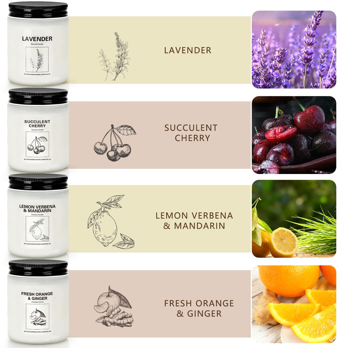 Soy Wax Scented Candle Gift Set, 4 Pack Lavender, Orange & Lemon Scents, Long Lasting Aromatherapy Candles for Home, Relaxing Gifts for Women, Perfect for Holiday, Thanksgiving & Christmas