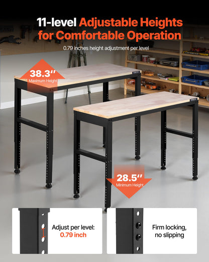 VEVOR Adjustable Workbench, 48 x 20-inch Heavy Duty Work Bench with 28.5-38.3 Inches Height Adjustment, 2000 lbs Capacity Garage Workbench with Power Outlets, Suitable for Office, Garage, Workshop