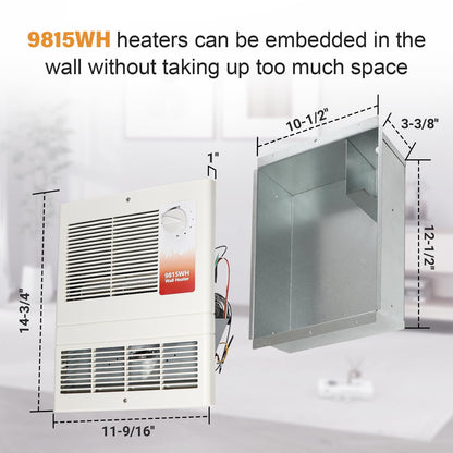 9815WH Large Capacity Electric Wall Heater with Built-in Adjustable Thermostat and Silent Motor, Overheat Protection, 1500 Watts, 120/240 Volts, White