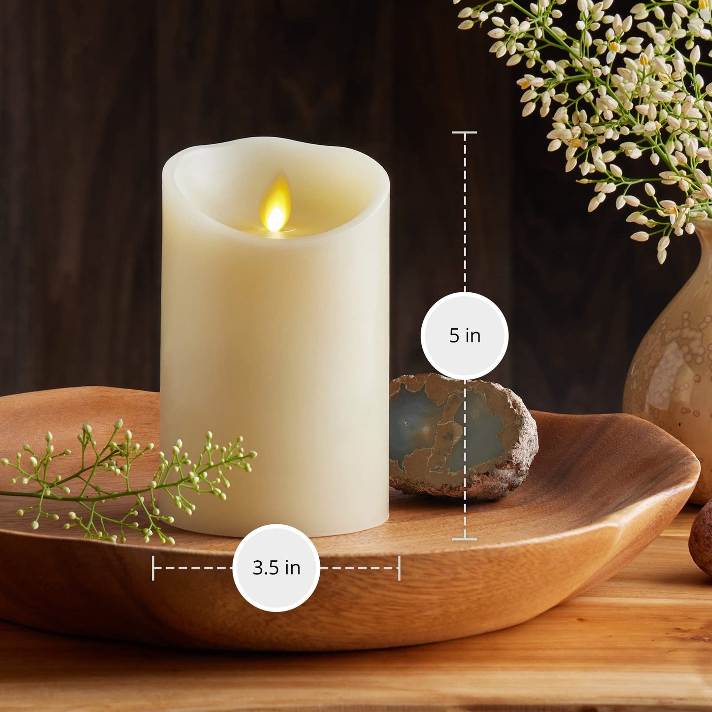 Luminara Scalloped Edge Flameless LED Candle, Ivory, 3" x 5", Battery Operated, Moving Flame, Real Wax Pillar with Timer, Vanilla Honey Scented