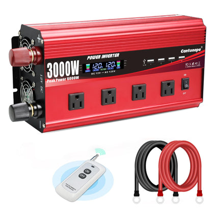 Cantonape 3000W Power Inverter 12V to 110V/120V DC to AC with LCD Display, Remote Controller 4 x AC Outlets and 4 x 3.1A USB Car Adapter for Car Truck Boat RV Solar System
