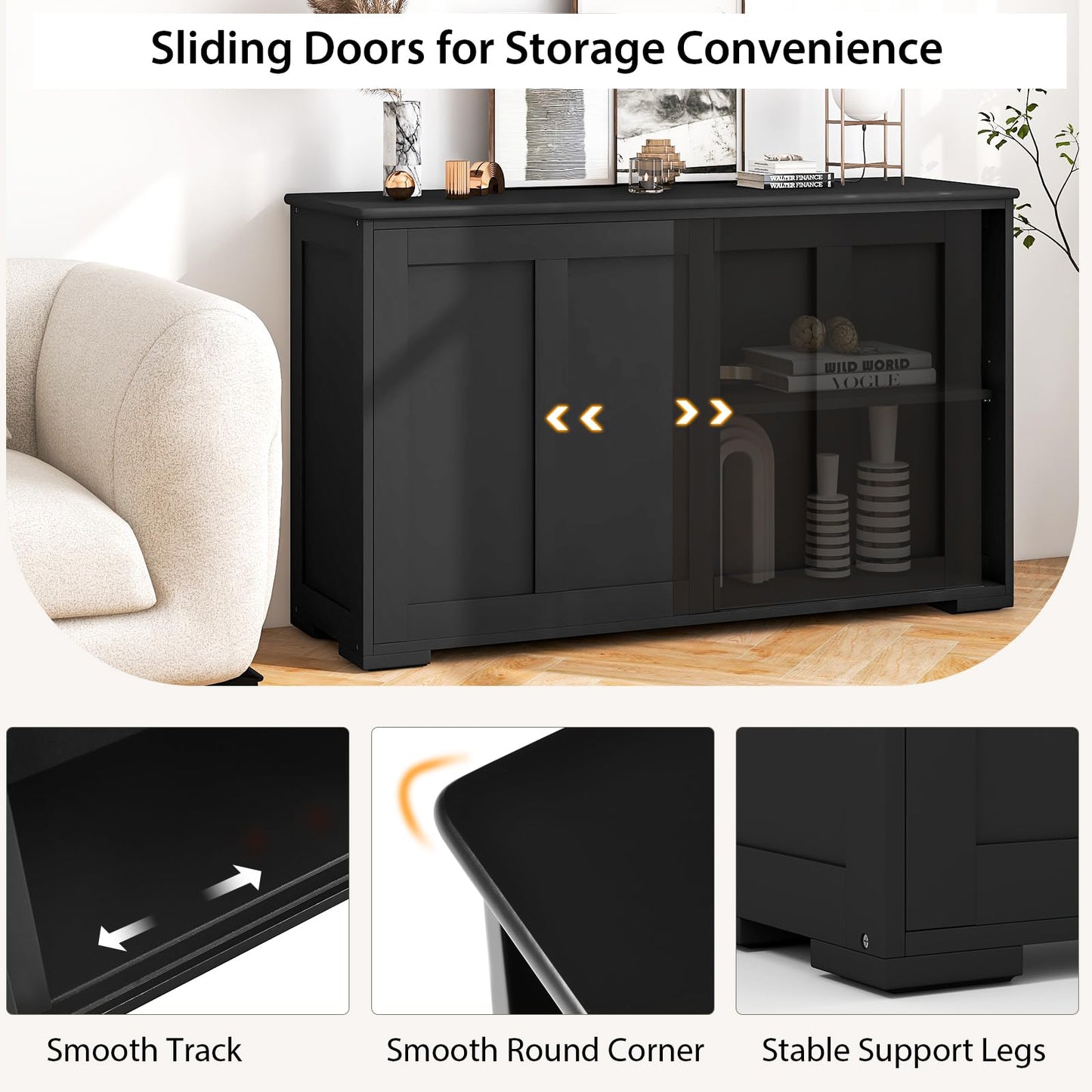 Byroce Buffet Cabinet Sideboard, Wood Storage Credenza Cupboard with Adjustable Shelf & 2 Sliding Doors, Stackable Coffee Bar Cabinet Console Table for Dining Room, Living Room, Kitchen (1, Black)