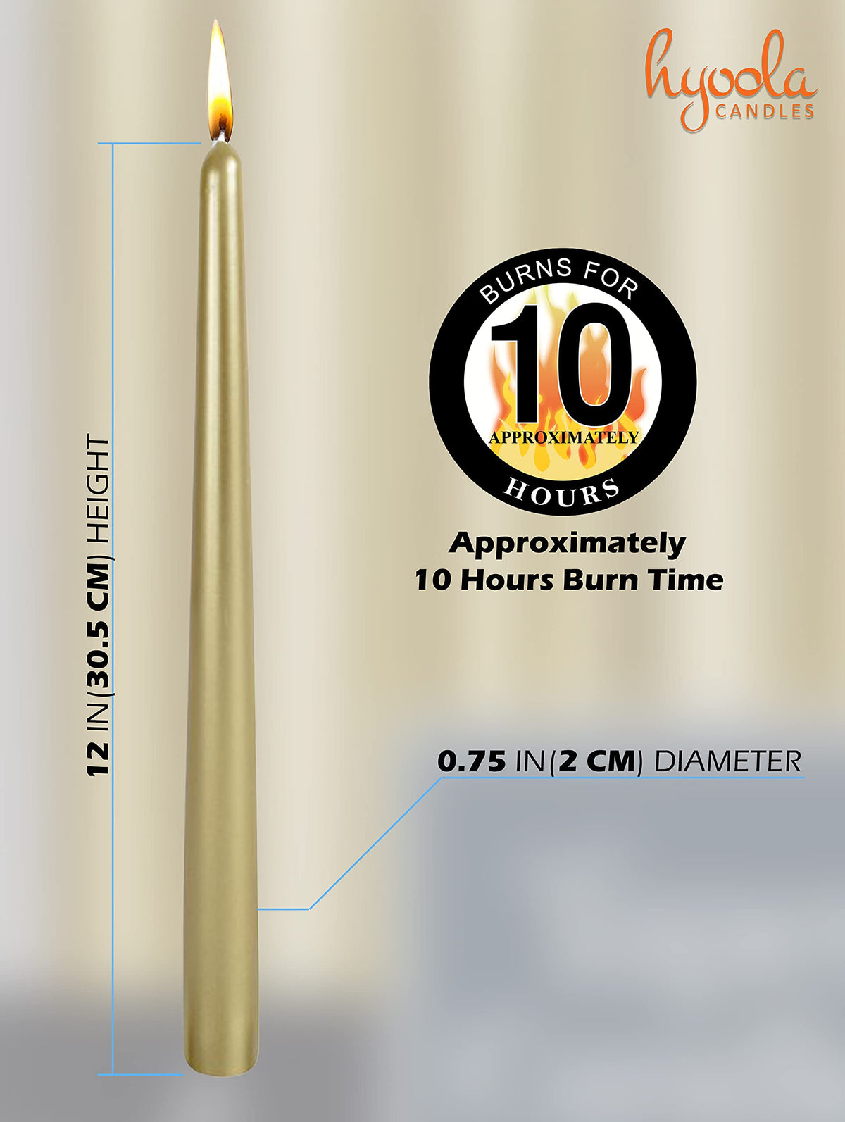 Hyoola Tall Metallic Cream Gold Taper Candles - 12 Inch - Dripless - 12 Pack - 10 Hour Burn Time