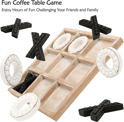 NIKKY HOME Tic Tac Toe Game Coffee Table Decor 10.6 Inch Rustic Wooden Board Black &amp White