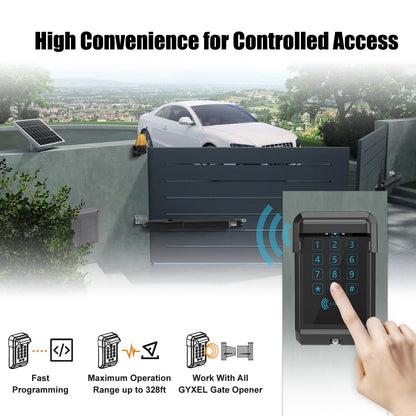 GYXEL Solar Single Gate Opener with Batteries & Solar Panel + Wireless Gate Keypad for Single Swing Gates Up to 440lb with Remote Complete Kit PKM-C01-L
