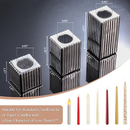 LETINE 12pcs Silver Vertical Stripe Glass Candlestick Holders - Chic Taper Candle Sticks Holder Set for Elegant Dining & Home Decor - Ideal for Valentine's Day, Halloween, Thanksgiving