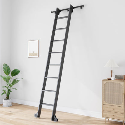 Fredbeck Aluminium Rolling Library Step Ladders 108" with 12FT Sliding Hardware Track Kit for Kitchen,Loft,Warehouses,Bookstore,attic,Metal Black