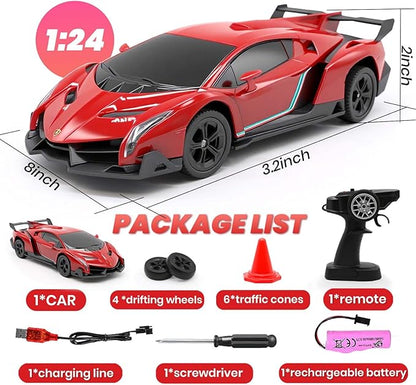 QUN XING Remote Control Car 1:24 Officially Licensed Lambo veneno RC Drift Car with LED Lights 2.4GHz 4WD 15KM/H Fast Speed Control Rechargeable Battery 800mah Birthday for Kids Boys 8-12red