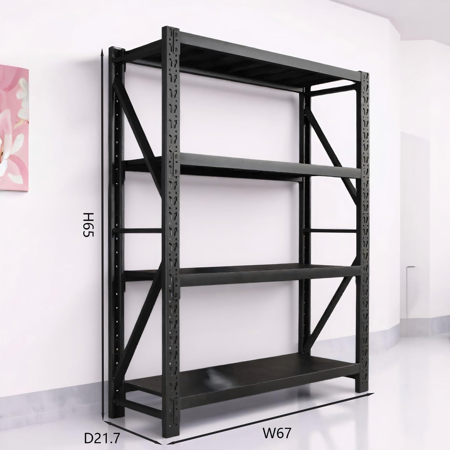 Heavy Duty Warehouse Shelving 4-Tier Industrial Steel Storage Shelves, 2600LB Capacity Per Shelf, Adjustable Shelves for Garage/Factory/Commercial Use (Black, W67*D21.7*H65)