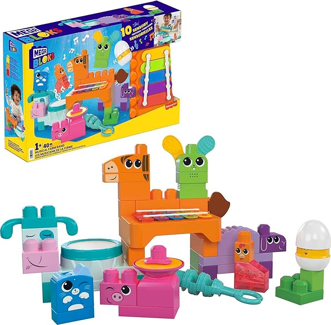 Mega Bloks Fisher-Price Toddler Building Blocks Toy Set Musical Farm Band with 40 Pieces and 6 Music Sheets Ages 1+ Years