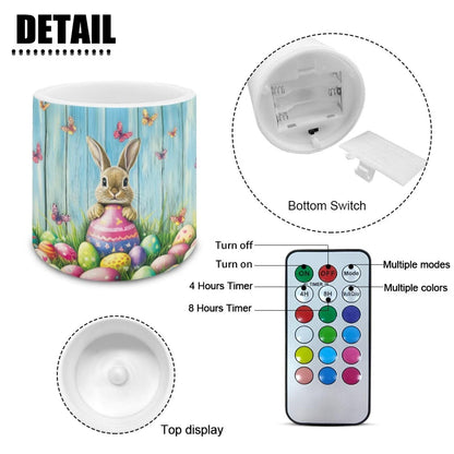 Merkmak 4 Pack Easter Day Flameless Candles with 18-Key Remote Battery Operated Candles with Timer Control LED Pillar Tea Lights for Party Home Decoration, Easter Egg Bunny Butterfly